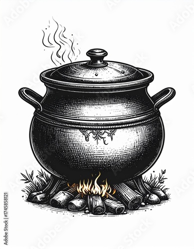 Antique Black Pot Over Fire with Smoke on White Background