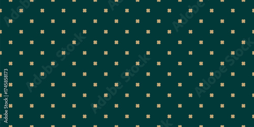 Luxury vector minimal geometric floral seamless pattern. Elegant gold and dark green abstract texture with small crosses, flower shapes, polka dots. Stylish minimal background. Repeating geo design