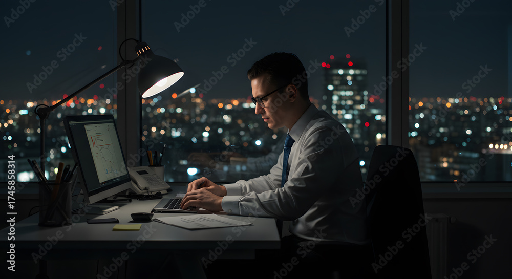 Fototapeta premium Focused employee typing at night in a high-rise office