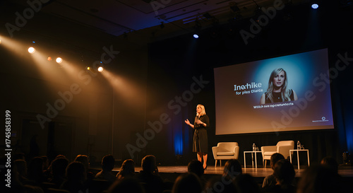 Keynote speaker presenting on stage with illuminated backdrop