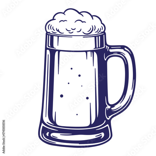 Classic vintage beer mug illustration featuring frothy foam and bubbles on white background