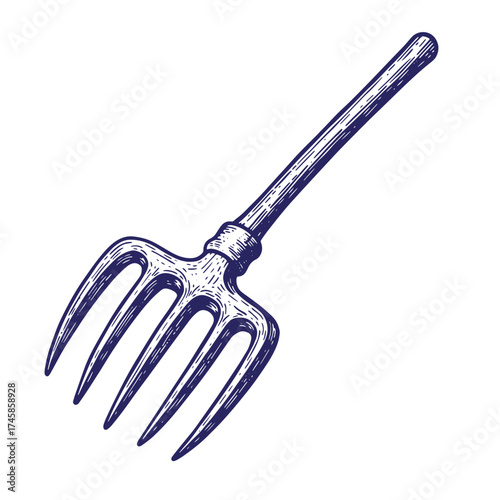 Detailed vintage engraved illustration of a garden pitchfork isolated on white background
