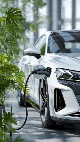 White electric car charging at station in modern indoor garden with tropical plants and wood textures