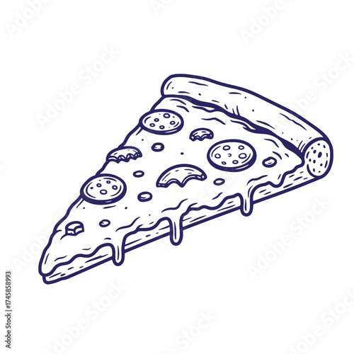 Detailed vintage hand drawn pizza slice with pepperoni and melting cheese isolated