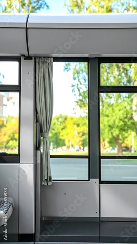 Interior shot of modern public transportation with view