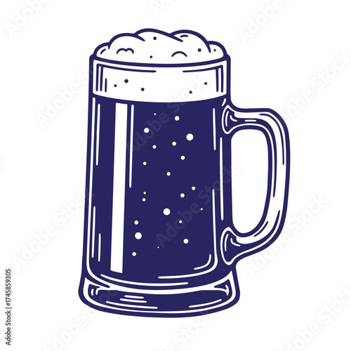 Hand drawn illustration of a full beer mug with white froth and dark brew