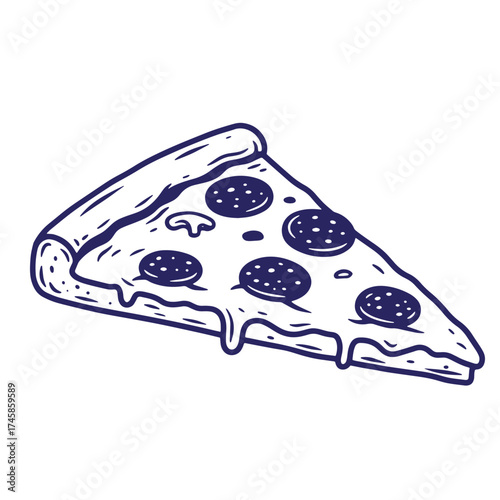 Hand drawn slice of pizza with pepperoni and mushroom toppings in a vintage style