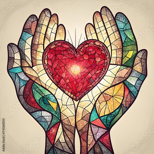 Stained Glass Mosaic of Hands Protecting a Heart