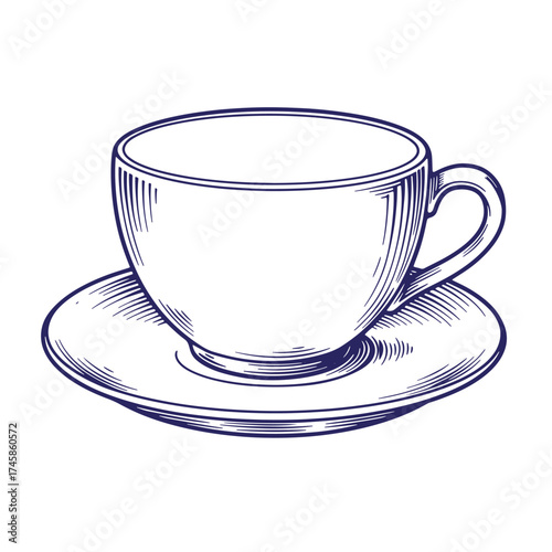 Vintage hand drawn cup and saucer in a classic engraving style illustration