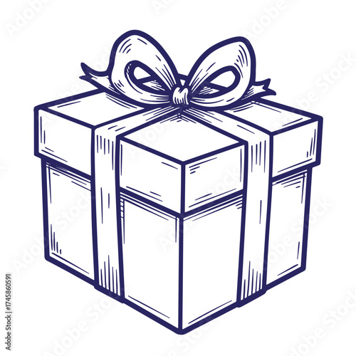 Vintage hand drawn gift box tied with ribbon and bow for celebrations and holidays