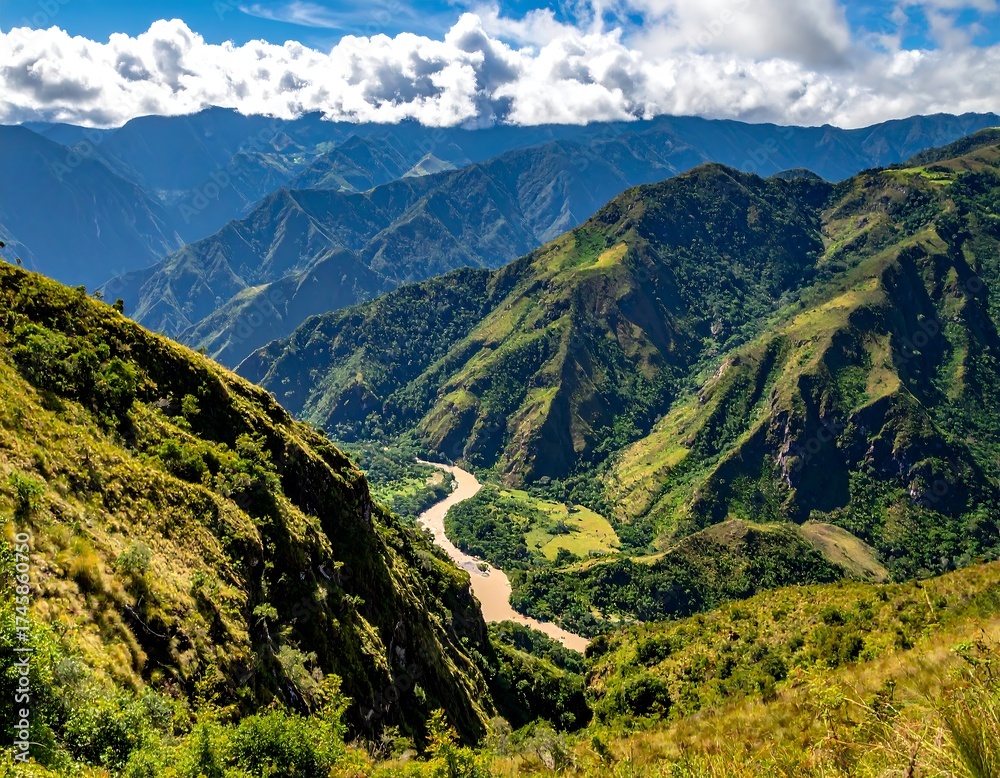Naklejka premium High-angle view of a verdant valley carved by a river, surrounded by rugged mountains under a partly cloudy sky