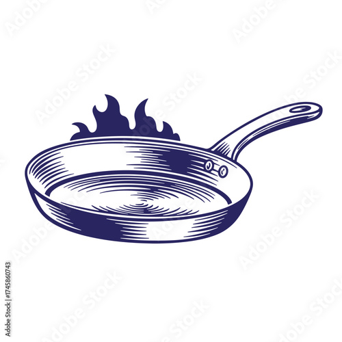 Vintage hand drawn illustration of a cooking frying pan with flame and classic style