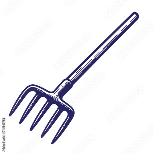 Vintage hand drawn illustration of a gardening pitchfork isolated on white background