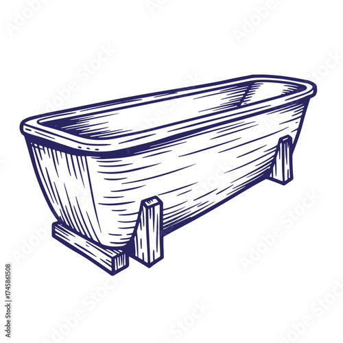Vintage hand drawn illustration of an empty bathtub with wooden supports in detail