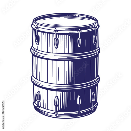 Vintage hand drawn snare drum musical instrument in navy blue artistic style