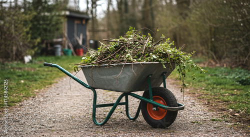 Wheelbarrow filled with garden waste on gravel path in backyard  