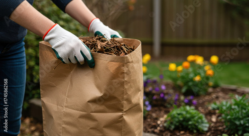 Person collecting yard waste in paper bag while gardening  