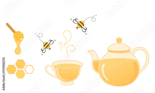 Honey tea set with glass teapot, steaming cup, flying bees, honey dipper and hexagon combs, warm golden clipart for cafe menus, labels, packaging and cozy kitchen graphics.