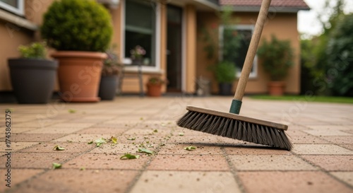 Broom sweeping leaves from patio tiles in backyard during yard cleanup  