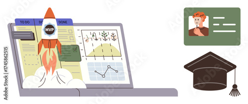 Rocket launching from laptop, data charts, ID card, graduation cap. Ideal for education, innovation, career, success project management learning motivation. Simple flat metaphor