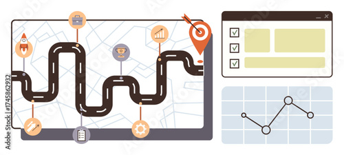 Winding roadmap marking goals, milestones, and final target. Features charts, graphs, checklist dashboard. Ideal for planning, strategy progress goals success analytics and business. Simple flat
