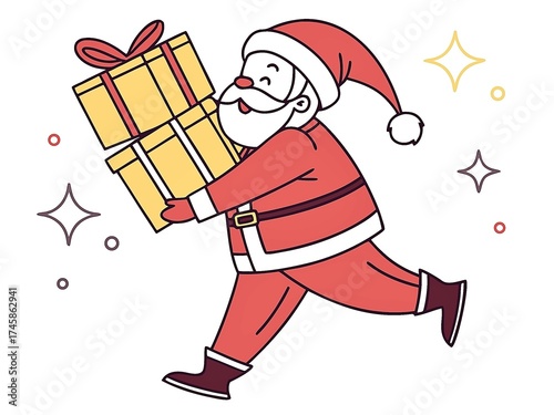 Flat vector illustration of Santa Claus holding gifts, minimal colorful style, cheerful mood
