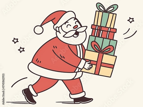 Flat vector illustration of Santa Claus holding gifts, minimal colorful style, cheerful mood
