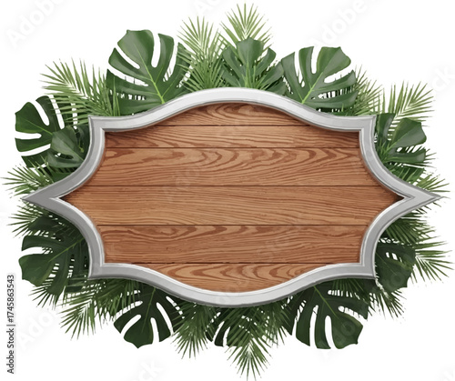 Blank wooden signboard with silver frame and tropical leaves.