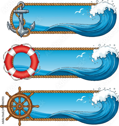 Nautical Banner Collection with Ocean Waves and Symbols.
