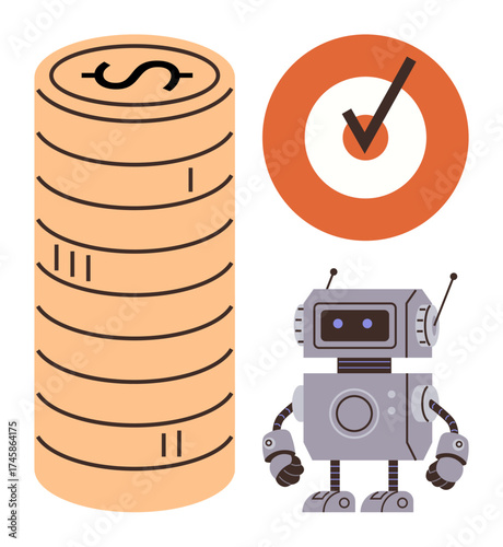 Robot next to stacked coins and a target with a checkmark. Ideal for automation, financial success, goal setting, innovation, productivity, efficiency, futuristic technology. Simple flat metaphor