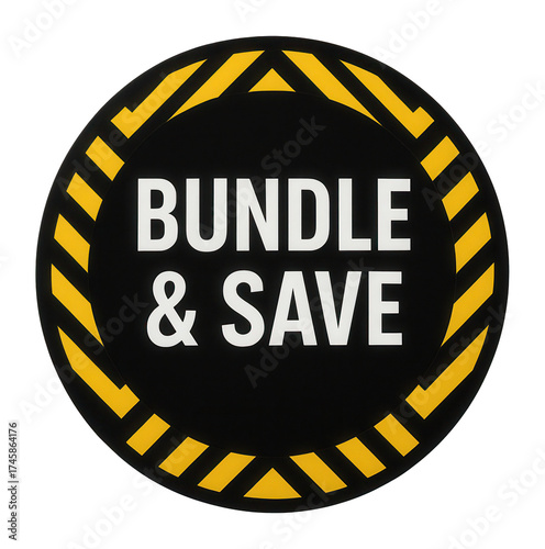 Circular sticker with BUNDLE & SAVE offer in bold white lettering, striking retail discount promo on transparent background.