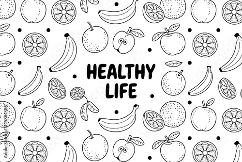 Whimsical hand-drawn healthy lifestyle fruits and vegetables pattern for design
