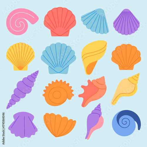 Collection of 15 colorful seashells in various shapes and bright hues
