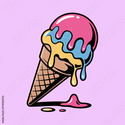 Vibrant melting ice cream cone with dripping flavors on pastel background