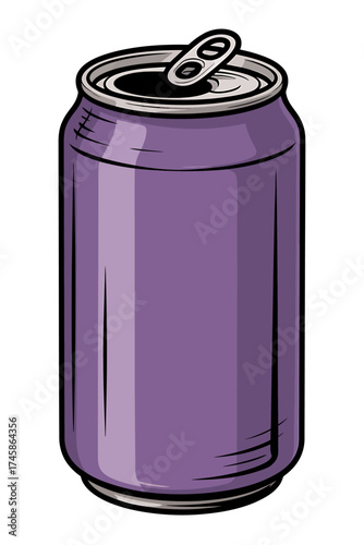 A purple aluminum soda can with a tab open ready for a refreshing drink