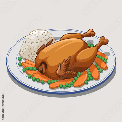 Delicious golden roasted chicken dinner with rice and vegetables on a plate