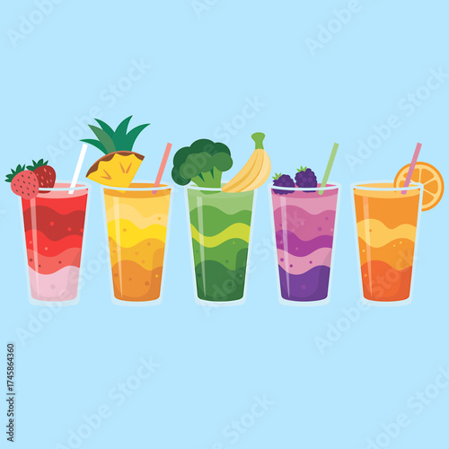Colorful layered fruit and vegetable drinks with fresh ingredients for healthy refreshment