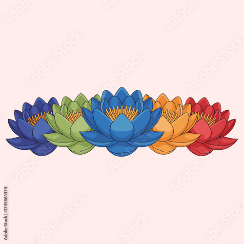 Vibrant rainbow lotus flowers arrayed in a row symbolizing peace and enlightenment