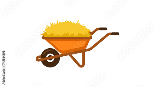 Simple cartoon orange wheelbarrow filled with yellow material on