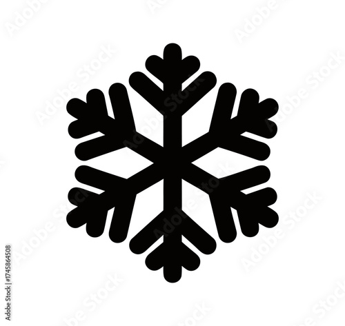 Flat black snowflake icon isolated on a white background for winter holiday season projects