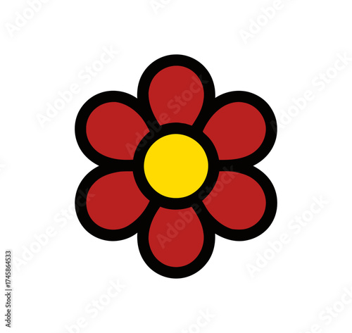Stylized Six Petal Flower with Yellow Center and Black Outline on White