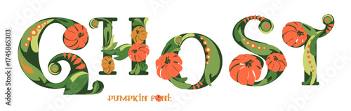 Font composition of letters with pumpkins. Words for the autumn holiday Halloween. Autumn mood