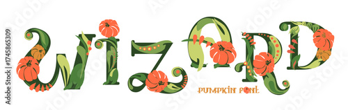 Font composition of letters with pumpkins. Words for the autumn holiday Halloween. Autumn mood