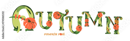 Font composition of letters with pumpkins. Words for the autumn holiday Halloween. Autumn mood