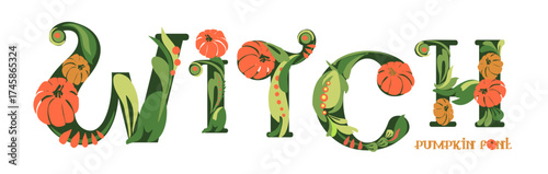 Font composition of letters with pumpkins. Words for the autumn holiday Halloween. Autumn mood
