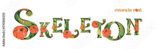 Font composition of letters with pumpkins. Words for the autumn holiday Halloween. Autumn mood