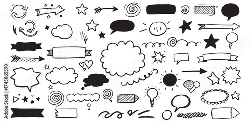 Assorted hand drawn doodle elements including arrows stars banners and speech bubbles on a white background