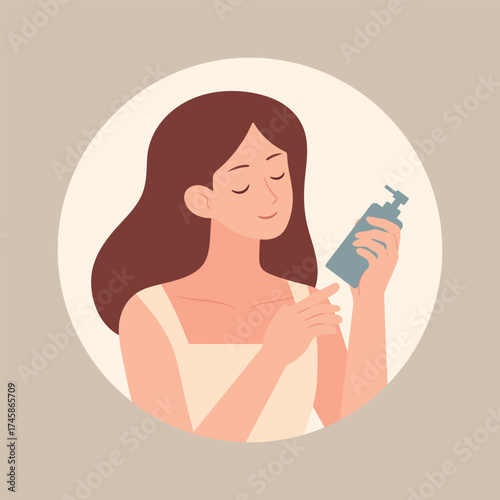 Young woman applying body lotion for skincare and self-care routine. Concept of beauty, healthy skin, wellness, and personal care. Cosmetic and cosmetology. Vector illustration isolated on background.