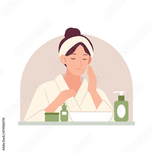 Young woman doing skincare routine at home, applying cream with a calm expression. Concept of self-care, beauty, healthy skin, spa treatment, and wellness. Vector illustration isolated on white.