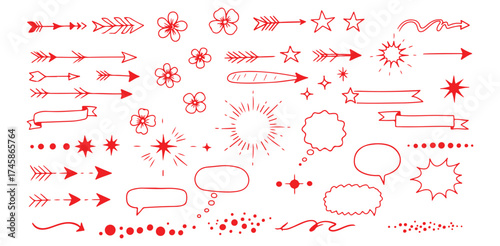 Red hand drawn doodle elements including arrows flowers stars banners and speech bubbles on white background